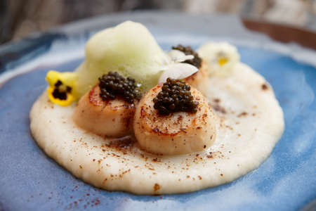 Fried sea scallops with caviar, celery puree and molecular froth on blue clay plateの写真素材