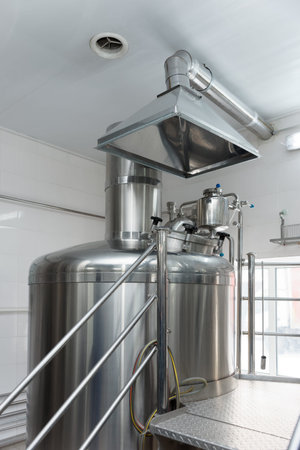 Mash mixing vat and ventilation hood, brewery equipment