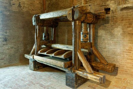 Old massive wine press, medieval built, Italy, Piedmontの写真素材