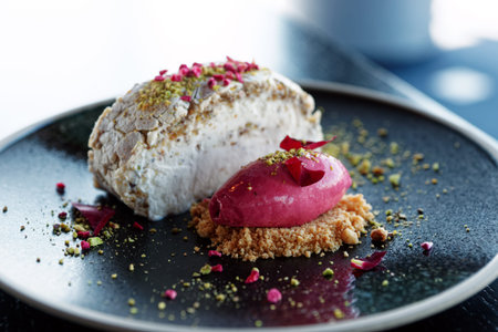 Meringue dessert and berry ice-cream on dark clay plate, close-up