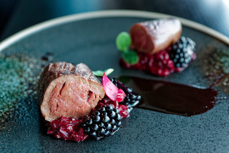 Venison fillet with beetroot carpaccio and blackberries on dark plate
