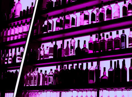 Rows of bottles sitting on shelf in a bar, trademarks deleted, bottle design alteredの写真素材