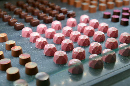 Chocolate candies in window display, pastry shop