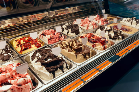 Ice-cream on refregerated counter in Italian gelateria