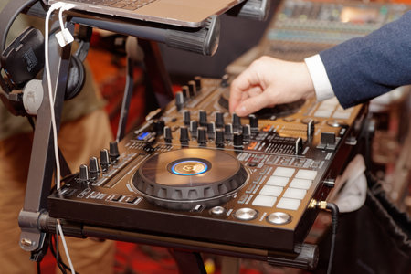 DJ audio equipment on a music party