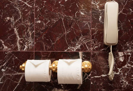 Toilet paper and telephone in a restroomの写真素材