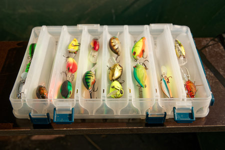 Tackle box with different plastic fishing lures