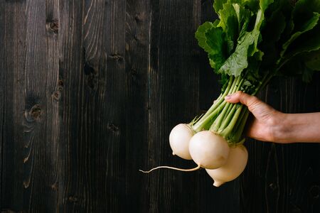 Organic vegetables. Hands holding fresh turnip. Black wooden background with copy space.の写真素材