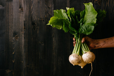 Organic fresh harvested vegetables. Farmer's hand holding fresh turnip. Black wooden background with...
