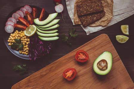 Healthy salad with whole wheat bread. Healthy food concept. Vegan food. Vegetarian diet.の写真素材