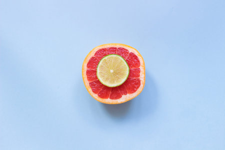Fresh juicy red grapefruit with lime on the blue background, top view.