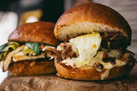 Fresh tasty grilled burgers with meat and vegetables. Selective focus.の写真素材