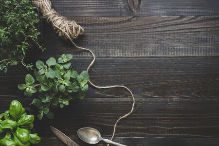 Fresh herbs on the dark wooden table, top view. Rustic background with copy space.の写真素材