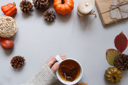 Autumn background. Hands holding cup of tea, autumn decoration on gray background. Copy spaceの写真素材