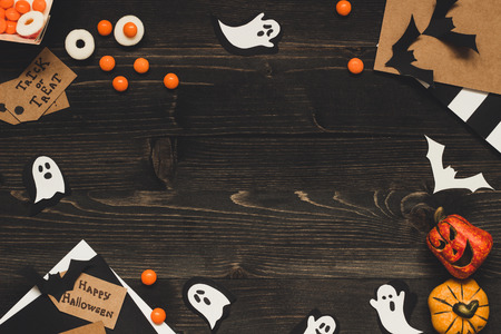 Halloween sweets, halloween cards and decoration made of craft paper. Copy space.の写真素材