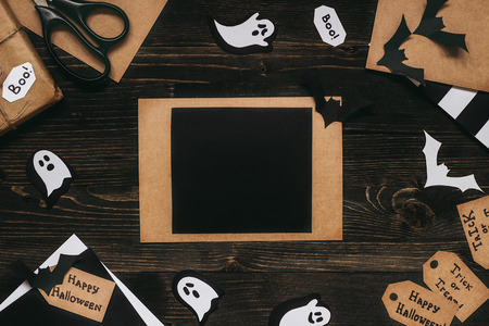 Halloween card with halloween decoration made of craft paper. Copy spaceの写真素材