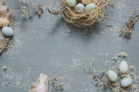 Easter composition. Easter eggs with easter decoration, top view. Copy space.