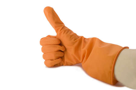 Hand in rubber glove isolated on white backgroundの写真素材