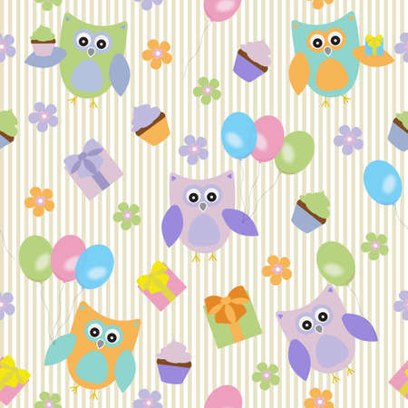 Vector seamless texture on a festive theme. Owls with gifts and balloons.のイラスト素材