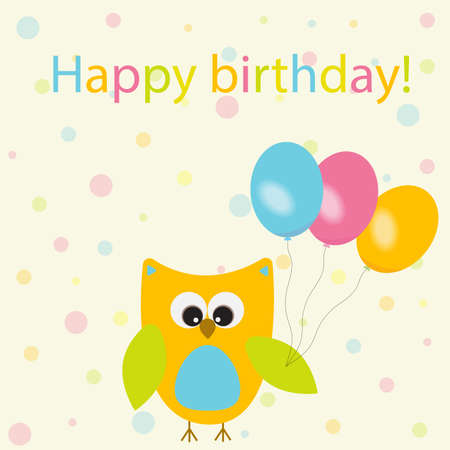 Vector greeting card on the theme of the birthday celebration. Owl with colorful balls.のイラスト素材
