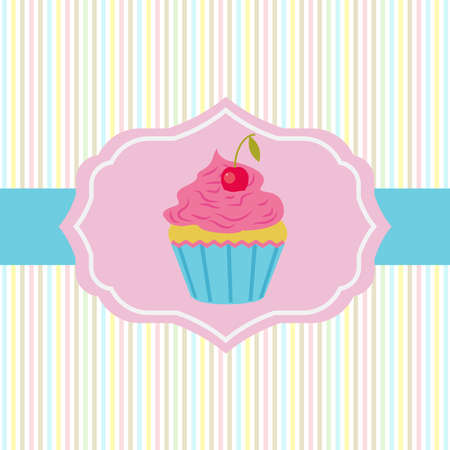 Vector card with cake shop topic. Cake with cream and cherries in the center of the frame on delicate striped background.のイラスト素材
