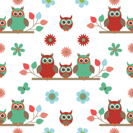 Seamless vector texture on the theme of birds and nature. A family of owls sitting on branches surrounded by flowers and butterflies.のイラスト素材