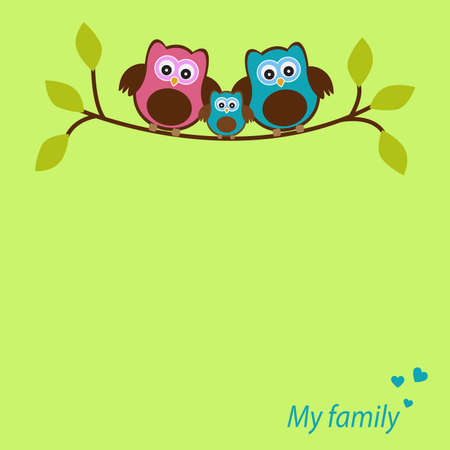 Vector frame card for the spring theme. Family owls sitting on a tree branch. There's space for photo or text.のイラスト素材