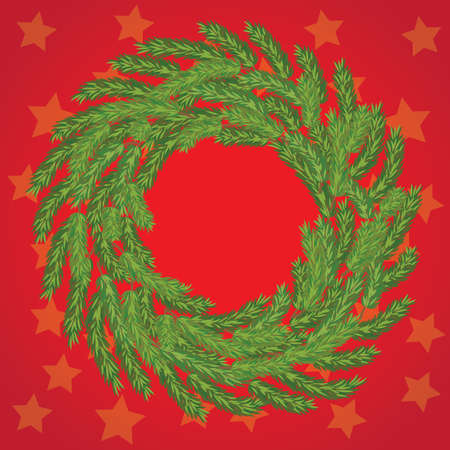 Vector Christmas wreath among the stars on a bright red backgroundのイラスト素材
