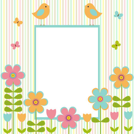Vector postcard frame on the spring-summer theme. Birds sitting among bright flowers and butterflies.のイラスト素材