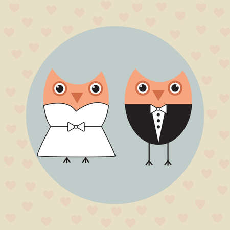 Vector illustration on a wedding theme. Owls in their wedding clothes on a gentle background among heartsのイラスト素材