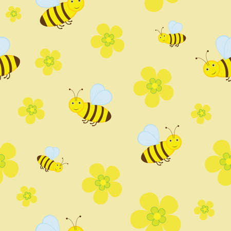 Vector seamless texture of baby bees flying around flowers on a yellow backgroundのイラスト素材