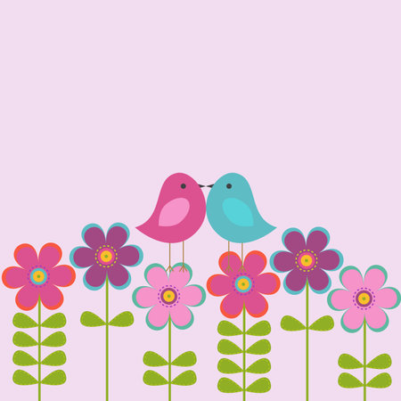 Vector postcard frame on the romantic theme. Love birds sitting on the flowers.のイラスト素材