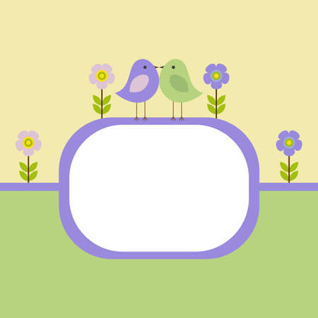 Vector postcard frame nature. Lovers birds among the flowers.のイラスト素材