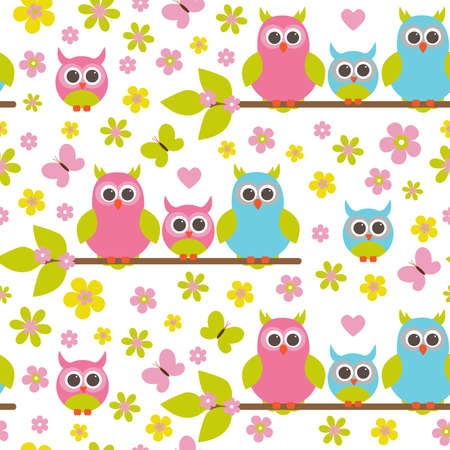 Vector seamless pattern on the theme of family and nature. A family of owls sitting on a tree branch among flowers and butterflies.のイラスト素材