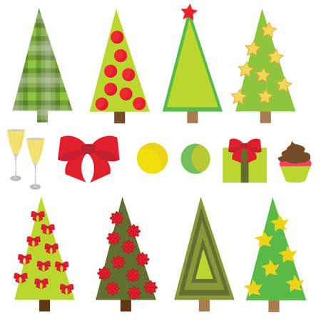 Vector set on New Year's topic from different kinds of trees, Christmas decorations, gift, glasses with champagne and cake isolated on white backgroundのイラスト素材