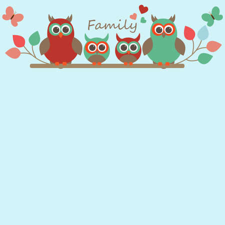 Vector greeting card on the theme of family. Owls children sitting on a branch among the butterflies. There is a free place for text or photo.のイラスト素材