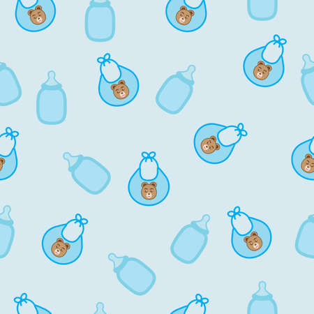 Vector seamless texture of baby bibs and bottles of blue for a boyのイラスト素材