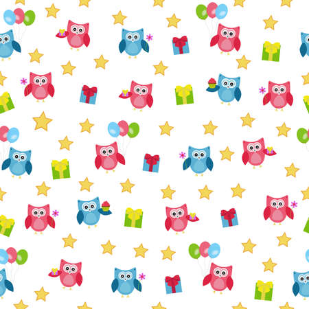 Vector seamless texture children, a birthday celebration. Owl with gifts, flowers and sweets, on the background of stars.のイラスト素材
