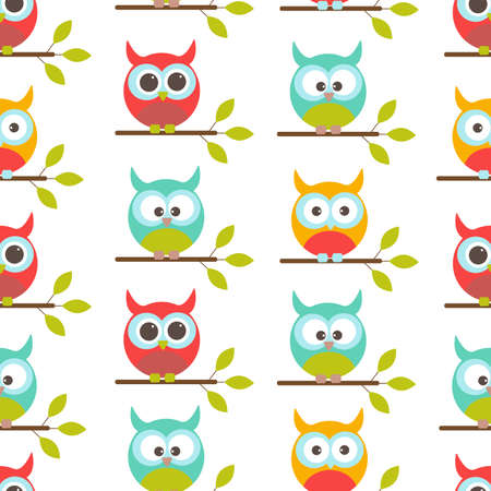 Vector seamless pattern on the theme of nature. Owl bird sitting on the branches.のイラスト素材