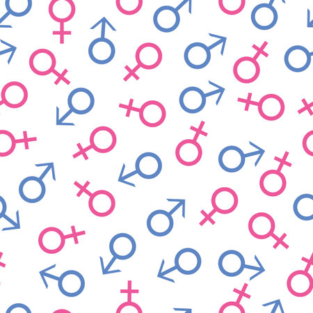 Vector seamless texture of male and female symbols blue and pink on a white backgroundのイラスト素材