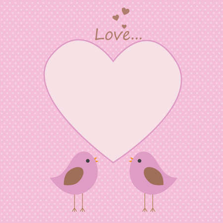 Vector postcard frame on the romantic theme. A pair of lovers of birds next to a big heart made in pink color.のイラスト素材