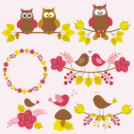 Vector set of nature-themed. Autumn trees and flowers, sitting on them, birds, couples.のイラスト素材