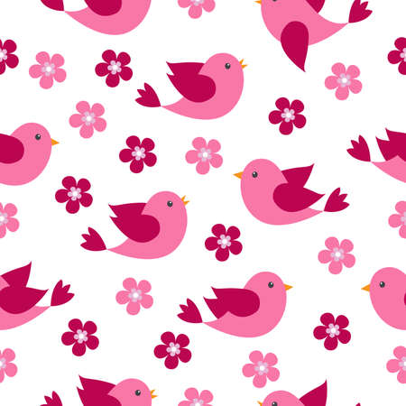 Vector seamless pattern on the theme of nature, of spring. Birds in flight amid flowers.のイラスト素材
