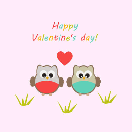 Vector greeting card on the theme of Valentine's day celebrations. Lovers owls sitting on a glade with heart.のイラスト素材