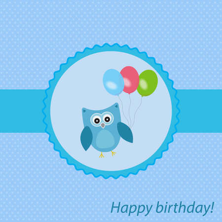 Vector frame, card holiday topic. The owl is decorated with balloons. In blue color, for boy.のイラスト素材