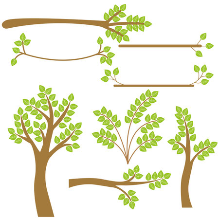 Vector set of trees. Trees, some branches and bushes.のイラスト素材