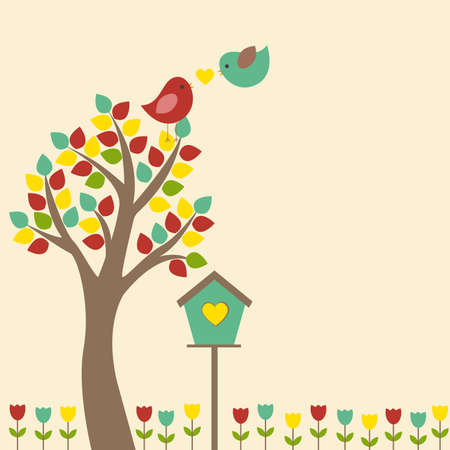 Vector card with a romantic theme. Lovers of birds sitting on a tree among the flowers.のイラスト素材