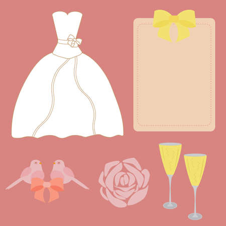 Vector wedding set for design of the dress, cards, glasses, roses and dovesのイラスト素材