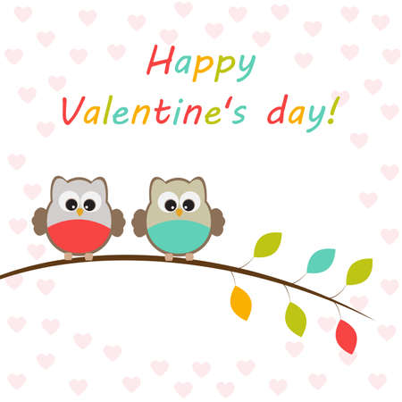 Vector greeting card on the theme of Valentine's day celebrations. Lovers owls sitting on a tree branch with colorful leaves and a congratulatory inscription.のイラスト素材