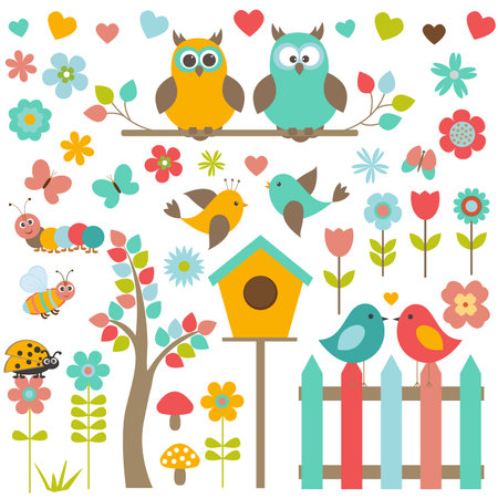 Vector set of nature-themed and birds. Owls and other lovers of birds, insects, trees and flowers.のイラスト素材
